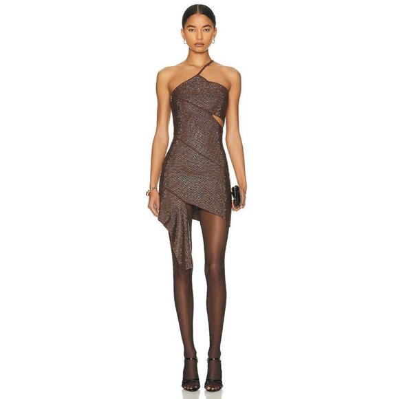 ANDREADAMO Full Strass Mono Shoulder Mini Dress in Brown Large New Womens - Picture 1 of 11